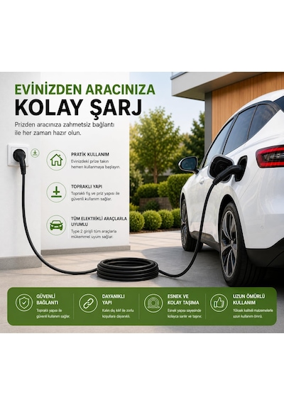 Evden Elektrikli Araba Şarj Uzatma Kablosu Topraklı%100 Bakır 3x2.5mm Siyah, 5 Metre Standart