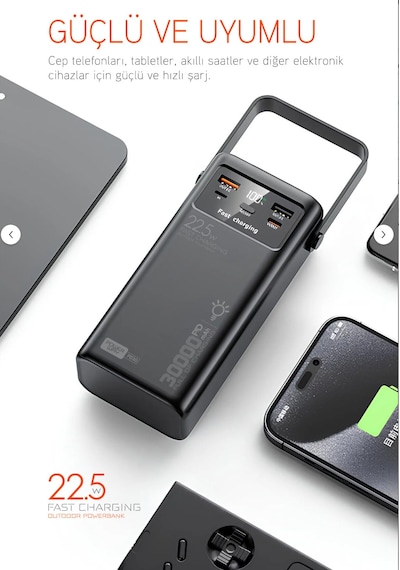 30.000 Mah 22.5w Kamp Powerbank Çift Led Fenerli Hızlı Şarj Pd30 siyah
