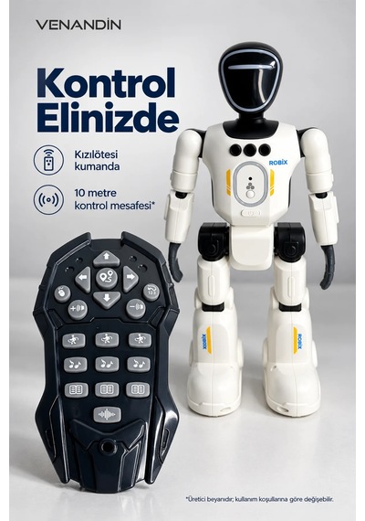 Venandin Robix Türkçe Konuşan Uzaktan Kumandalı Akıllı Robot Adam - Şarjlı, Led Işıklı, Dans Eden Eğitici Oyuncak Robot 31 Cm