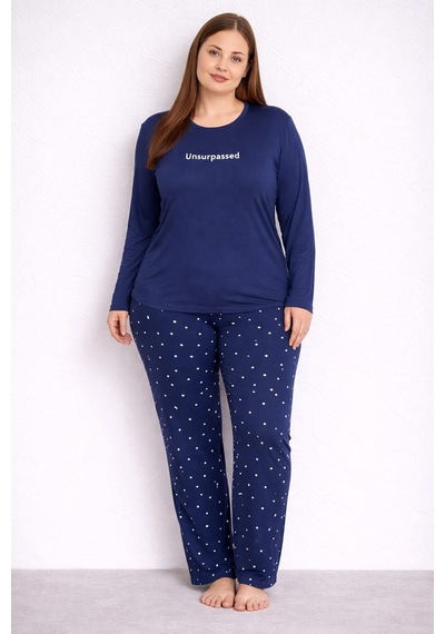 Pemilo Kadın 7258 Büyük Beden Likralı Uzun Kol Milan Pijama Takımı Lacivert