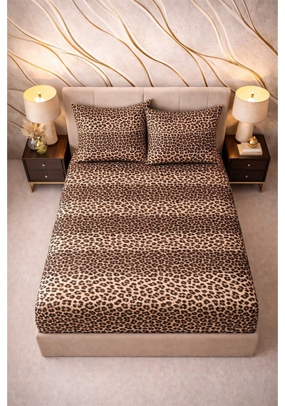 More Home Tek Kişilik Lastikli Çarşaf Seti + Yastık Kılıfı Leopar Siyah Bej