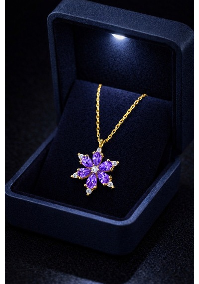 Çekirdekjewelry 925 Ayar Gümüş Altın Kaplama Mortaşli Kamelya Çiçeği Kolye Sarı Mor
