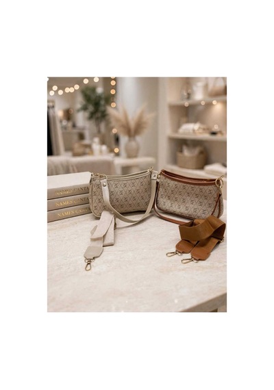 Names Bag Kadın Lüks Tasarım Monogram/desenli Çift Askılı Kumaş/deri Detaylı El Ve Omuz Çantası Krem