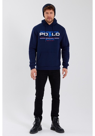 Polostate Erkek Kapüşonlu Baskılı 3 İplik Sweatshirt Lacivert