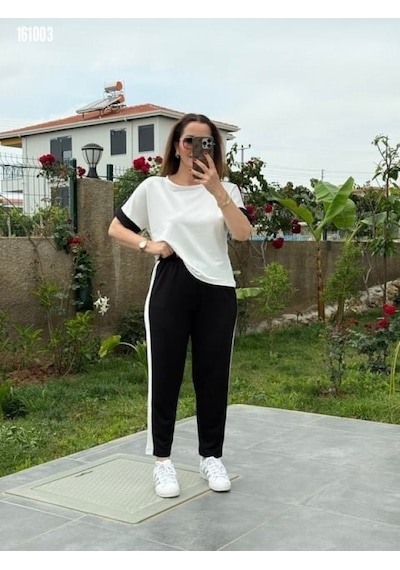 Efnaz Style Kadın Kısa Kollu Modal Dokulu Kumaş Yanı Şeritli Takım Siyah