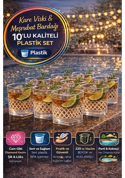 10 Lu Kare Desenli Plastik Viski Bardağı I Sert Şeffaf Kokteyl Meşrubat Bardak Parti 220 Cc