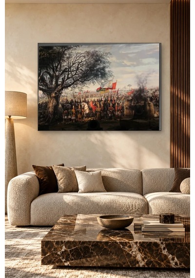 Fida Ulu Ağaç Altında Bayraklı Osmanlı Ordusu Canvas Tablo Çok Renkli