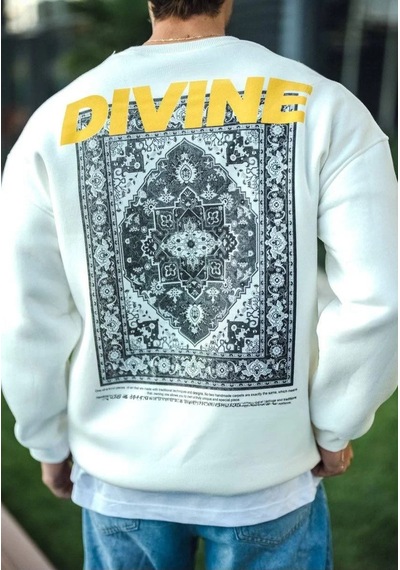 Assema Erkek Üç İplik Pamuklu Kışlık Bisiklet Yaka Baskılı Sweatshirt - Beyaz Çok Renkli