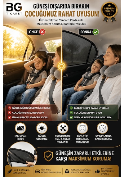 2 Adet Oto Güneşlik Perde Araba Yan Cam Perdesi Güneş Önleyici Araç Içi Güneşliği Yancam Standart