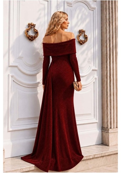 Lior Design Kadın Şık Model Degaje Yaka Dekolteli Maxi Uzun Kollu Abiye Elbise Kırmızı