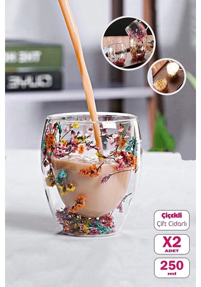 2'li Çift Cidarlı Çiçekli Bardak Çay Kahve Sunum Bardağı Set 250ml El Yapımı Flower Cup Borosilikat