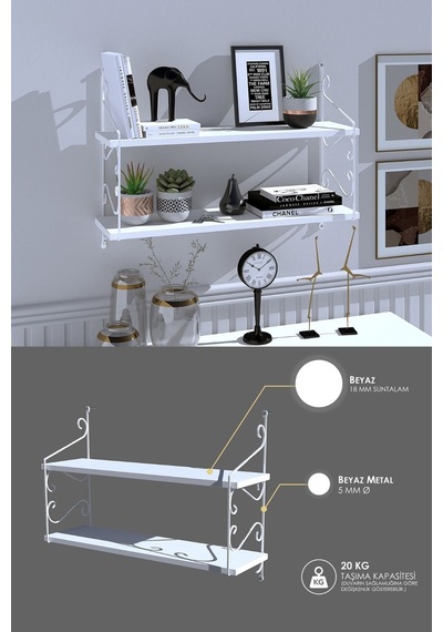 Decormet Seramoni Raf Seti 2 Raflı 200 720 Metal Beyaz+ahşa Beyaz
