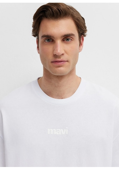 Mavi M0613553-620 Mavi Baskılı T-shirt Erkek Tişort Beyaz