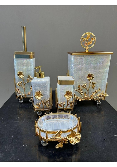 Çiçekli Beyaz Cam Kare Banyo Set Gold