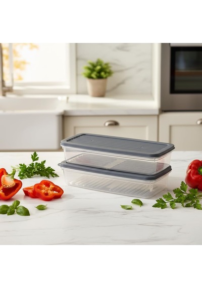 3 Lü Slim Buzdolabı Ve Derin Dondurucu Saklama Kabı Seti, 1 Büyük 28cm Ve 2 Küçük 27cm İnce Uzun Erzak Kutusu, Gri Ve Beyaz Kapaklı Mutfak Düzenleyici Gr İ- 3lü Set
