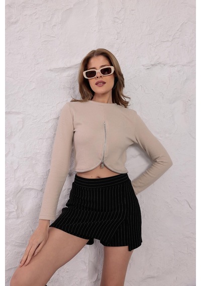 Ckm Moda Mira Selanik Oval Fermuar Bluz Bej