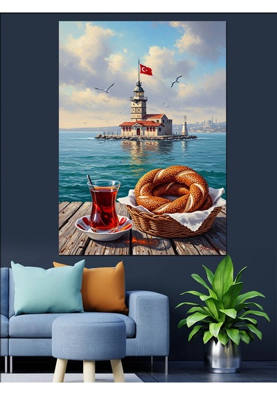 İstanbul Kız Kulesi Çay Simit Dekoratif Kanvas - Mdf Ahşap Tablo
