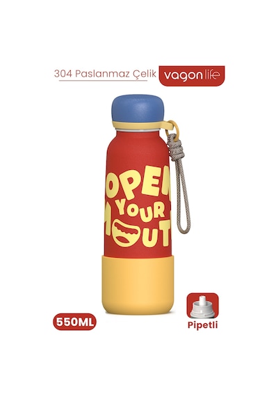 Desenli 550 ML Pipetli Sızdırmaz Paslanmaz Çelik Termos Matara El Askılı bpa içermez 550ml 1105FF Kırmızı
