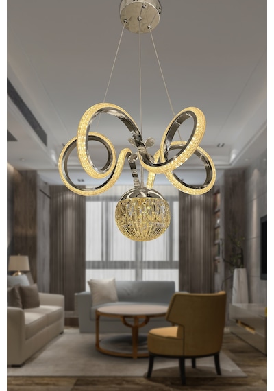 Kıvrım Tekli Kristal Top Simli Slikonlu Modern Oturma Led Avizesi - Kumandasız / Krom Krom