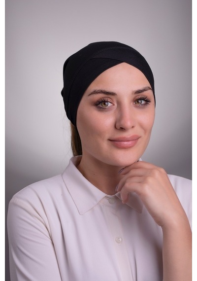 Halven Siyah Pratik Hazır Geçmeli Iç Bone Viskon Kumaş Çapraz Boru Tek B Siyah