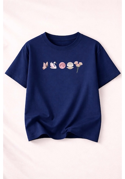 Herkesemoda Minimal Baskı Detaylı Kadın Bisiklet Yaka Pamuklu T-shirt Lacivert