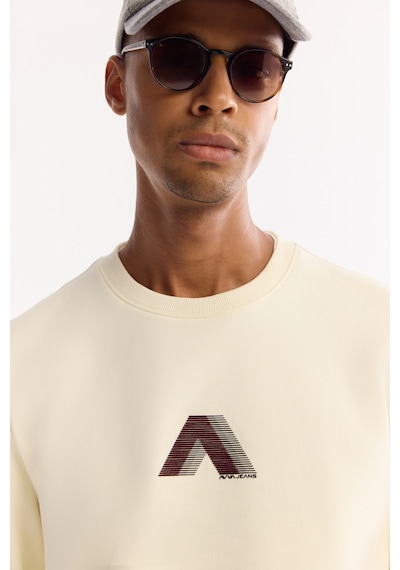 Avva Erkek Ekru Bisiklet Yaka Pamuklu Bi-stretch Baskılı Regular Fit Sweatshirt A52y1305