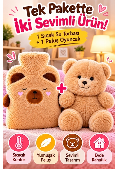 2'li Set Ayıcık Peluş Sıcak Su Torbası Ve 26 Cm Peluş Oyuncak Kahverengi Yumuşak Kılıflı İkili Takım Çok Renkli