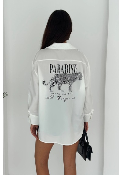 Asprin Fashion Dril Kumaş Paradise Baskılı Taşlı Gömlek Gümüş Gümüş