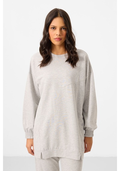 Gri Melanj O Yaka Basic Oversize Kadın Eşofman Tunik Takım - 95347 Gri Melanj