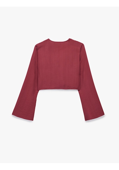Koton Geniş Uzun Kollu Önden Bağlama Detaylı Crop Bluz Bordo 6sak60540uw