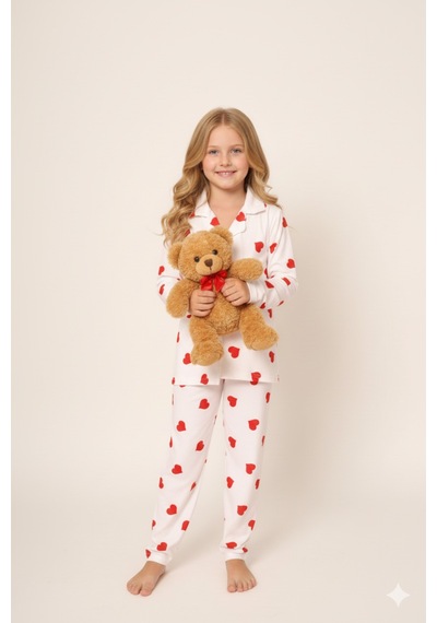 Beka Kids Desenli Uzun Kollu Önden Düğmeli Gömlek Yaka Kız Çocuk Pijama Takımı Beyaz