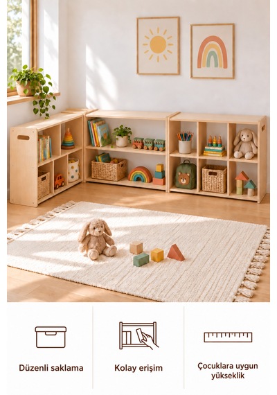 Vecta Montessori Huş Ahşap Oyuncak Dolabı Ve Çocuk Kitaplığı 2 Katlı, Çift Taraflı Açık Raf