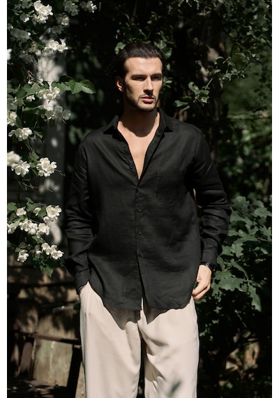 Mai Collection Mai Studios Co. Ombretta Siyah Keten Oversize Erkek Gömlek Siyah