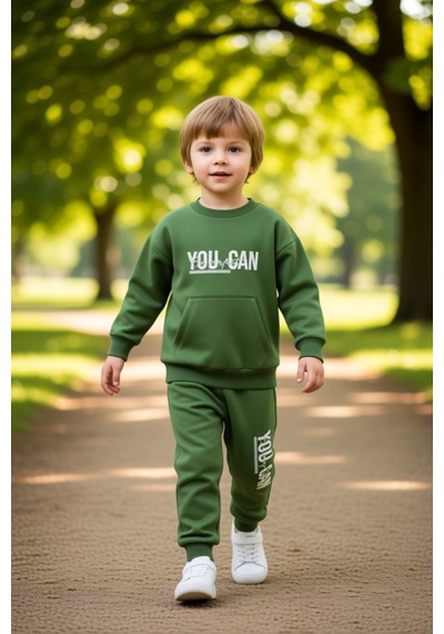 Ersefa Enerjik Sloganlı Erkek Çocuk Örme Eşofman Ve Sweatshirt Seti Kali Yeşil
