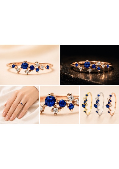 Safir Altın Kaplama Star Gümüş Yüzük, 925 Ayar Zirkon Safir Star Gümüş Yüzük
