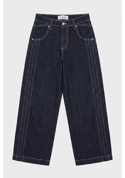 Itsbasic Kadın İndigo Selvedge 7s6-50 Süper Baggy Fit Nakışlı Tasarım Denim Jean