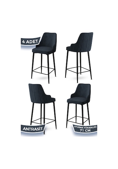 Canisa Enox Serisi, 4 Adet Antrasit Sandalye Mutfak Bar Sandalyesi, Babyface Kumaş, Siyah Metal Ayak , Sandalye Antrasit Ayaklar Siyah