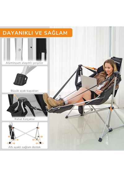 Kingcamp Orchid Lux Ayak Dayamalı & Salıncaklı Hamak Kamp Sandalyesi Bl/grey Gri - Siyah