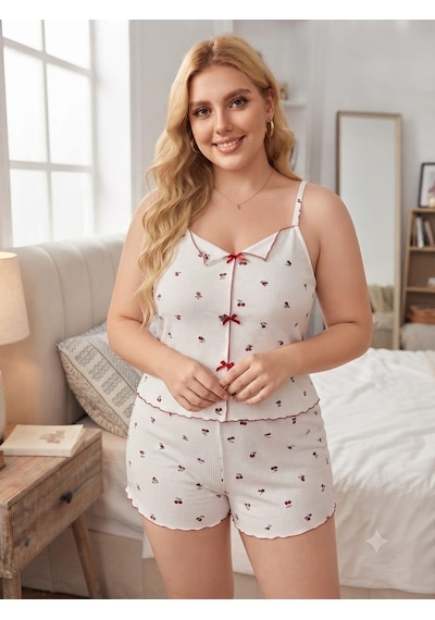 Büyük Beden Askılı Şortlu Likralı Kumaş Pijama Takım Beyaz Kiraz