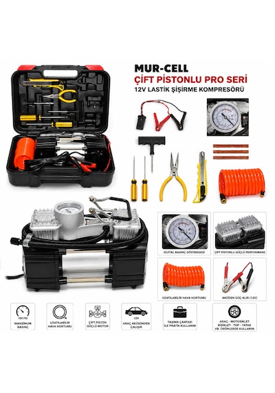 Mur-cell Çift Pistonlu Pro Seri 12v Lastik Şişirme Kompresörü Seti Hava Pompası