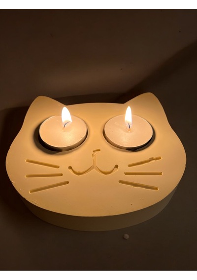 Sarı Kedi Şekilli Beton Mumluk - El Yapımı Dekoratif Çay Işığı Tealight Mumluk - Minimalist Kedi Tem Sarı
