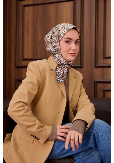 Silk Home Twill İpek Eşarp Petrol Yeşili Krem Desenli Tok Duruşlu Kaymaz 90x90 Çok Renkli