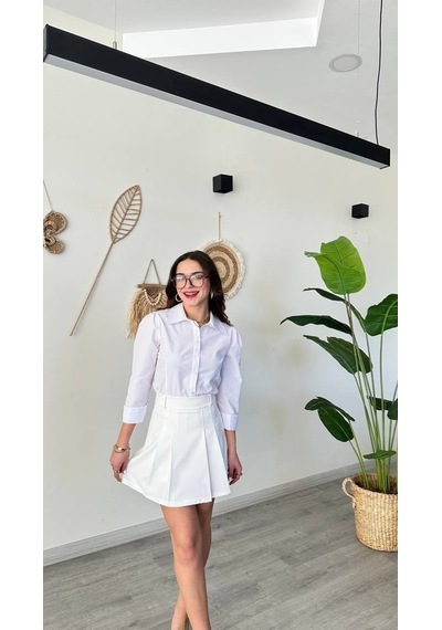 Modadua Yüksek Bel Pileli Beyaz Şort Etek A Kesim Mini Skort