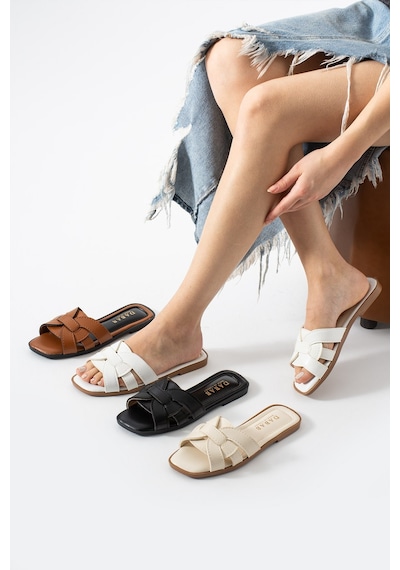 Dabab Shoes Lında Kadın Krem Kare Burun Örgü Bantlı Düz Taban Günlük Terlik