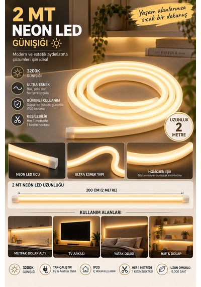 2 Metre 220volt Tak Çalıştır Gün Işığı Yüksek Performanslı 3200k Neon Led Fişli Trafo Gerektirmez Esnek Led Günışığı 3000-3200K