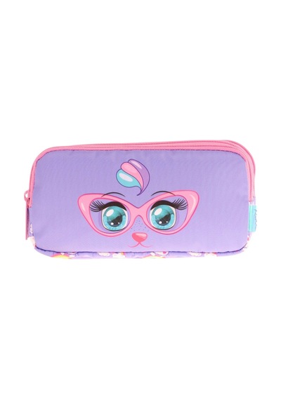 Kaukko Kids Üç Bölmeli Pembe Lila, Gözlüklü Kedi Baskılı, Kız Çocuk Okul Kalemliği - L8236 Pembe - Lila