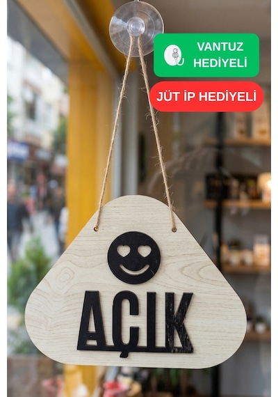 Ahşap Lazer Kesim Emoji Figürlü Açık-kapalı Tabelası - Akçaağaç