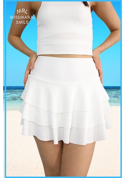 Mykonos Etek Ekru / Beyaz Içte Sabit Şortlu Yüksek Bel Likralı Bürümcük Kumaş Skirt With Shorts 4104 Ekru / Beyaz