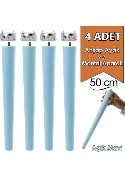 4 Adet Ahşap Ayak 50 Cm Açık Mavi M8 Civatalı Bağlantı Aparatlı Mobilya Tabure Sehpa Masa Destek Ayağı Açık Mavi