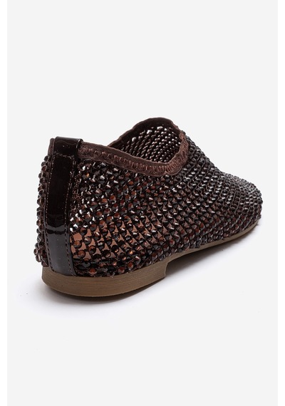 Luvishoes Urela Kahverengi Örgü Taşlı Hakiki Deri Kadın Babet Ayakkabı